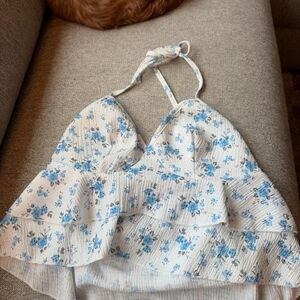 Women’s White Floral Halter Tiered Crop Top - Blue Flower Print